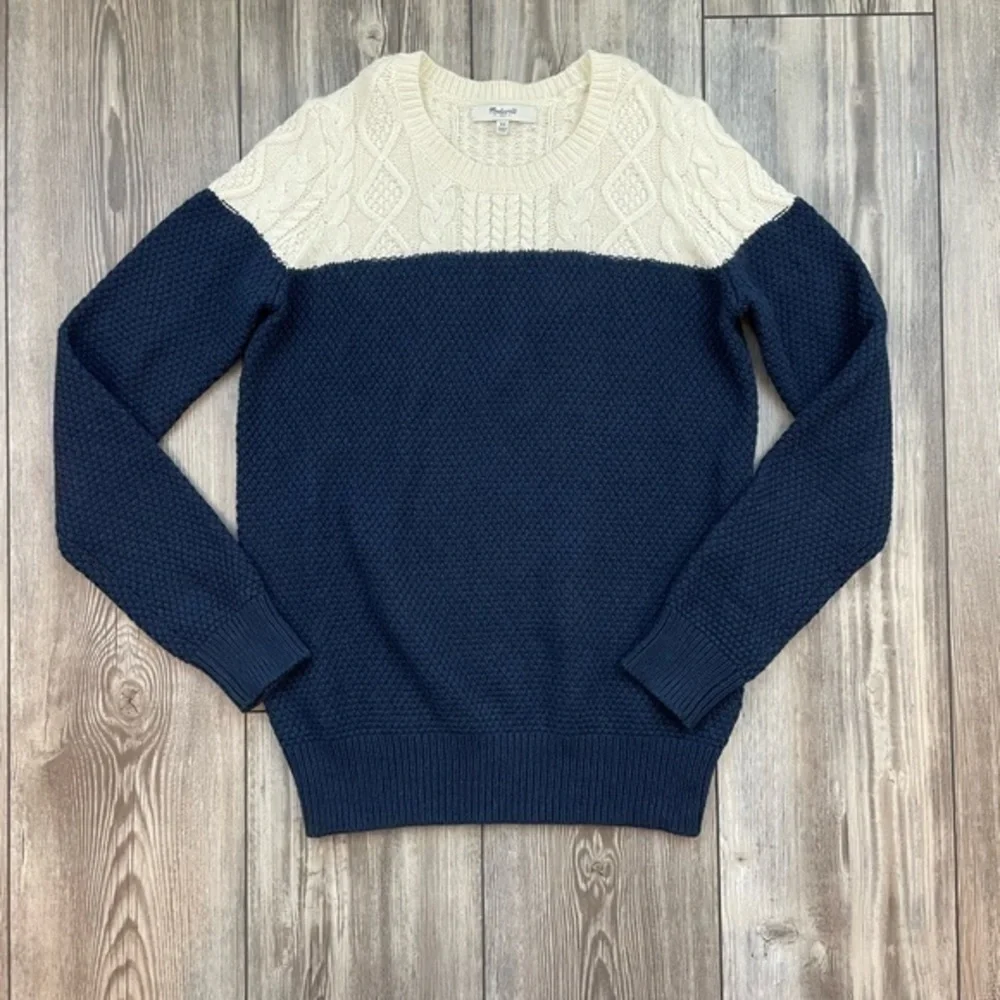 Madewell Cable Knit Sweater | Navy & Cream | Size XS